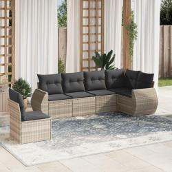 Salon de jardin 6 pcs avec coussins gris clair r&eacute;sine tress&eacute;e