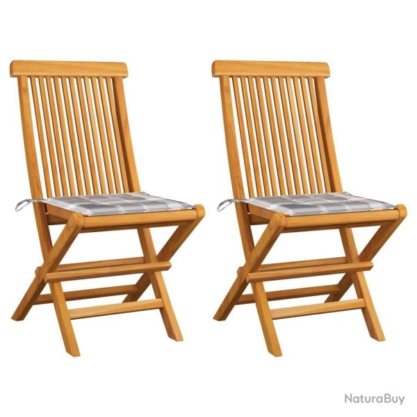 Chaises de jardin lot de 2 avec coussins  carreaux gris Teck