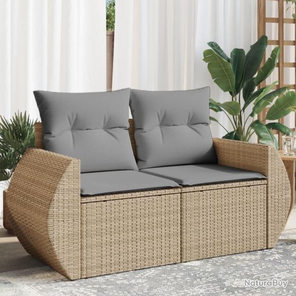 Canap� de jardin avec coussins 2 places beige r�sine tress�e