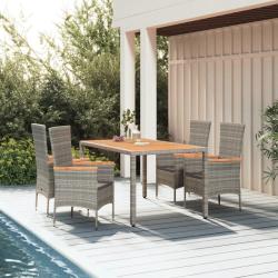 Ensemble &agrave; manger de jardin 5 pcs coussins gris r&eacute;sine tress&eacute;e