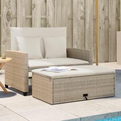 Canap&eacute; de jardin avec coussins 2 places beige r&eacute;sine tress&eacute;e