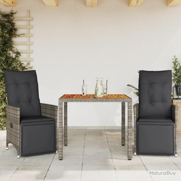 Ensemble de bistro de jardin 3 pcs coussins gris poly rotin
