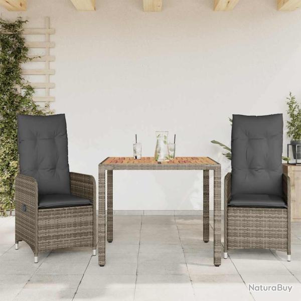 Ensemble de bistro de jardin 3 pcs coussins gris poly rotin