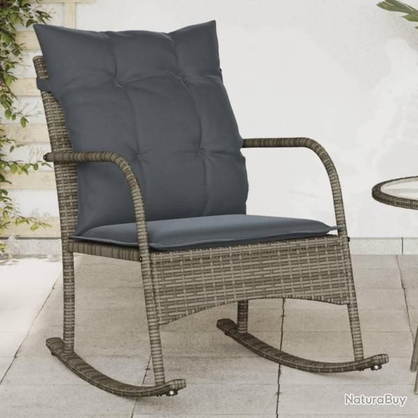 Chaise � bascule de jardin avec coussins gris r�sine tress�e