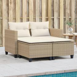 Canap&eacute; de jardin 2 places avec tabourets beige r&eacute;sine tress&eacute;e