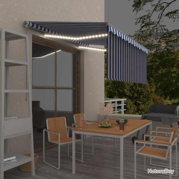 Auvent manuel r�tractable et store et LED 3x2,5 m Bleu et blanc