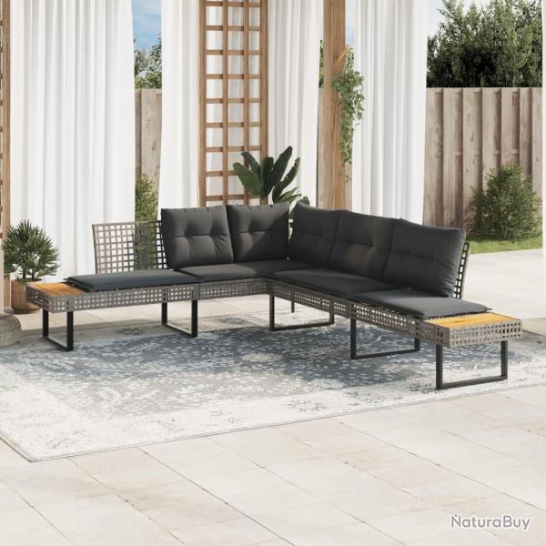 Canap� de jardin avec coussins en forme de L gris rotin acacia