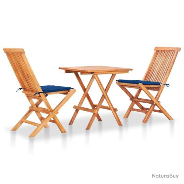 Ensemble de bistro 3 pcs avec coussins bleu royal Bois de teck