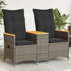Canap&eacute; de jardin inclinable 2 places avec table gris poly rotin