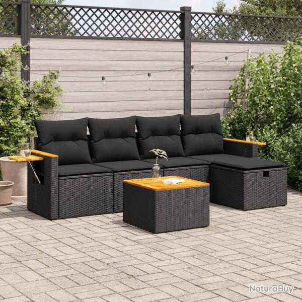Salon de jardin 6 pcs avec coussins noir r�sine tress�e