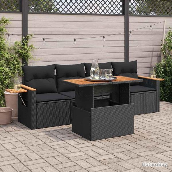 Salon de jardin 5 pcs avec coussins noir r�sine tress�e acacia