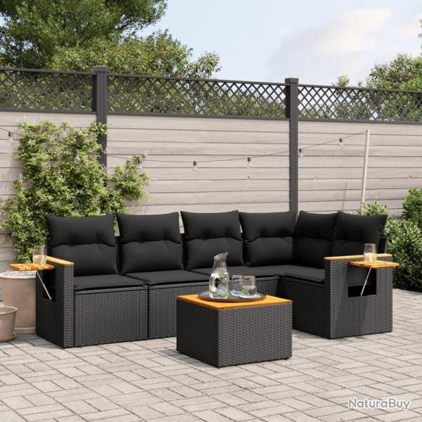 Salon de jardin 6 pcs avec coussins noir r�sine tress�e