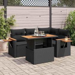 Salon de jardin 5 pcs avec coussins noir r&eacute;sine tress&eacute;e acacia