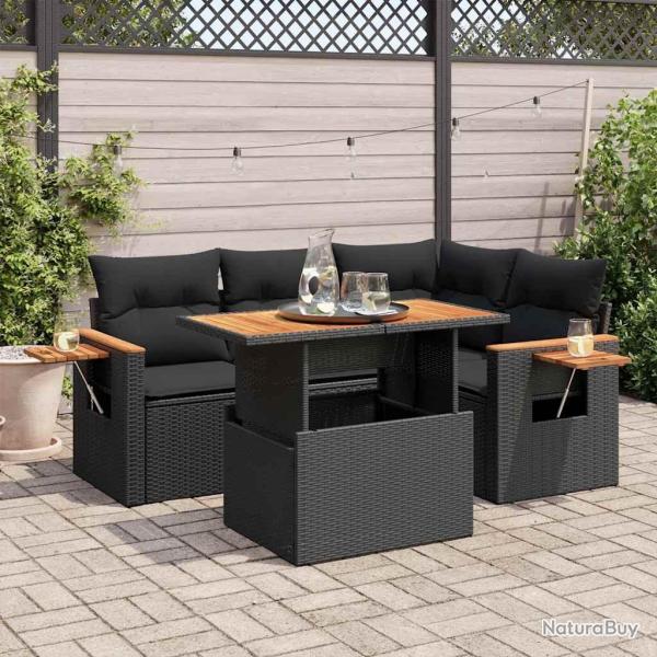 Salon de jardin 5 pcs avec coussins noir r�sine tress�e acacia