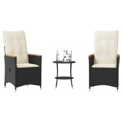 Ensemble de bistro 3 pcs avec coussins noir r&eacute;sine tress&eacute;e