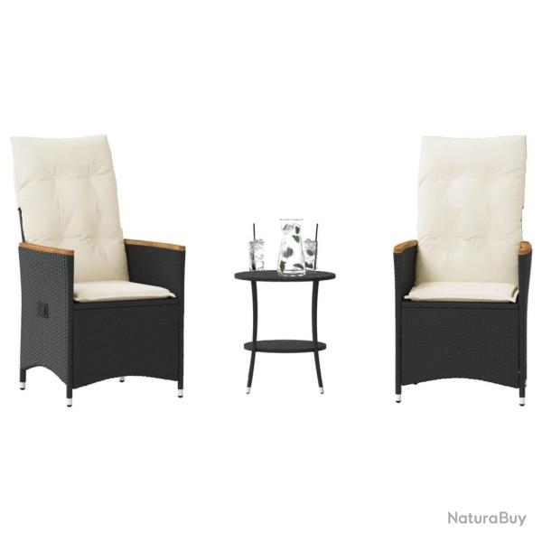 Ensemble de bistro 3 pcs avec coussins noir r�sine tress�e