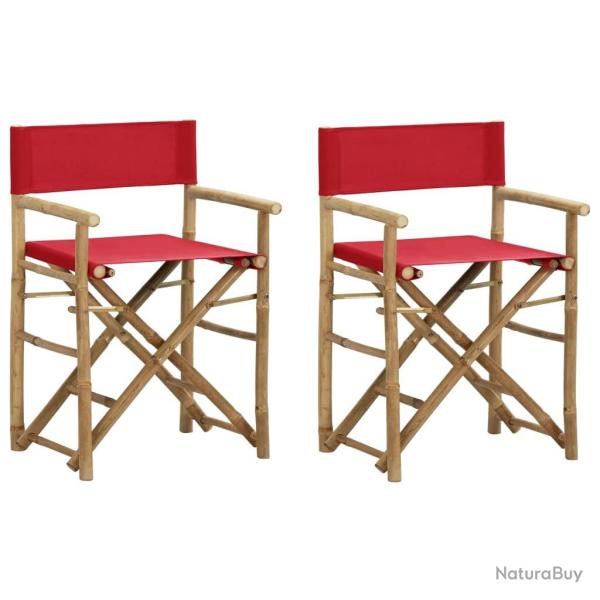 Chaises pliables de directeur lot de 2 Rouge Bambou et tissu