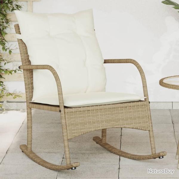Chaise � bascule de jardin avec coussins beige r�sine tress�e