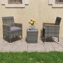 Ensemble de bistro 3 pcs R&eacute;sine tress&eacute;e et verre tremp&eacute; Gris