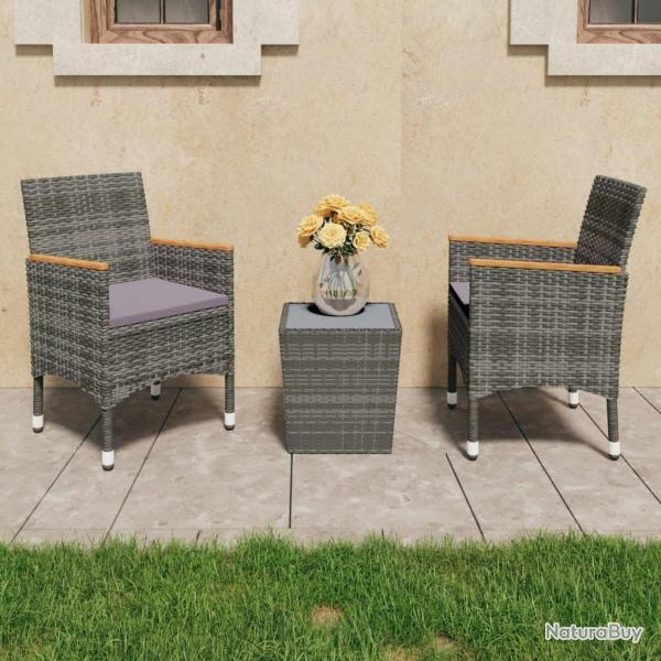 Ensemble de bistro 3 pcs R�sine tress�e et verre tremp� Gris