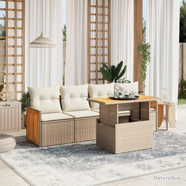 Salon de jardin avec coussins 5 pcs beige r�sine tress�e