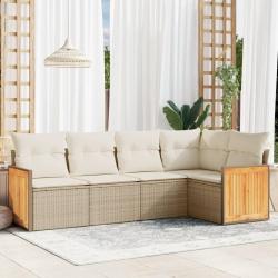 Salon de jardin avec coussins 5 pcs beige r&eacute;sine tress&eacute;e