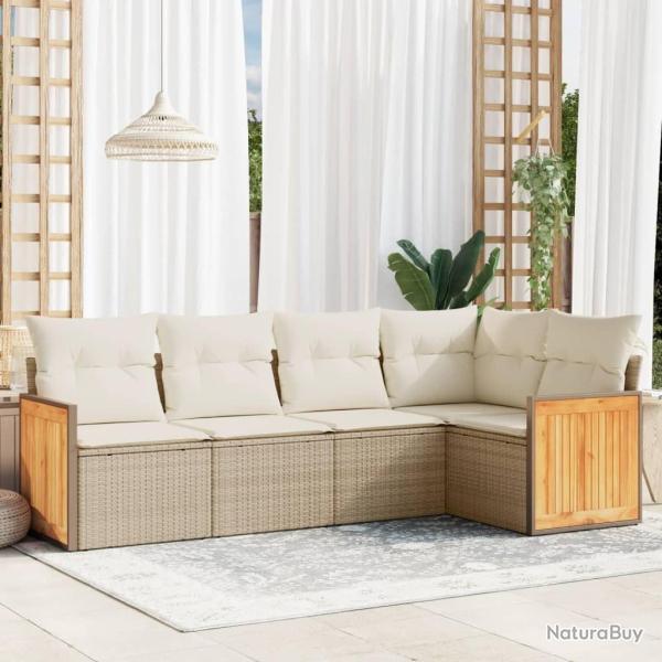 Salon de jardin avec coussins 5 pcs beige r�sine tress�e