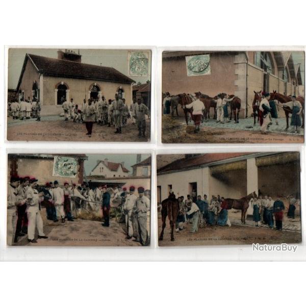 les plaisirs de la caserne 4 cartes, la soupe, corv�e, le pansage, la forge  cpa cavalerie ?