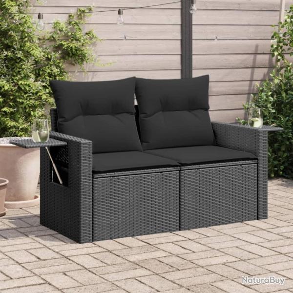 Canap� de jardin avec coussins 2 places noir r�sine tress�e