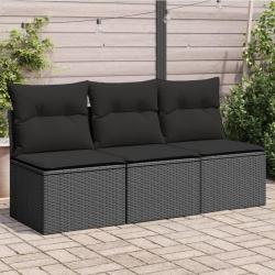 Canap&eacute; de jardin avec coussins 3 places en polyrotin noir
