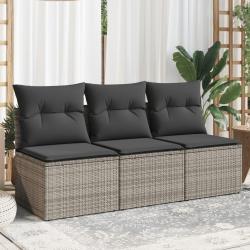 Canap&eacute; de jardin avec coussins 3 places gris r&eacute;sine tress&eacute;e