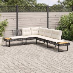 Canap&eacute; de jardin avec coussins en forme de L noir rotin acacia