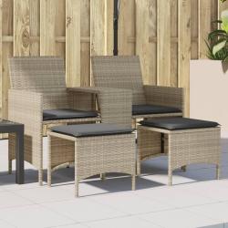 Canap&eacute; de jardin 2 places avec table tabourets gris clair rotin