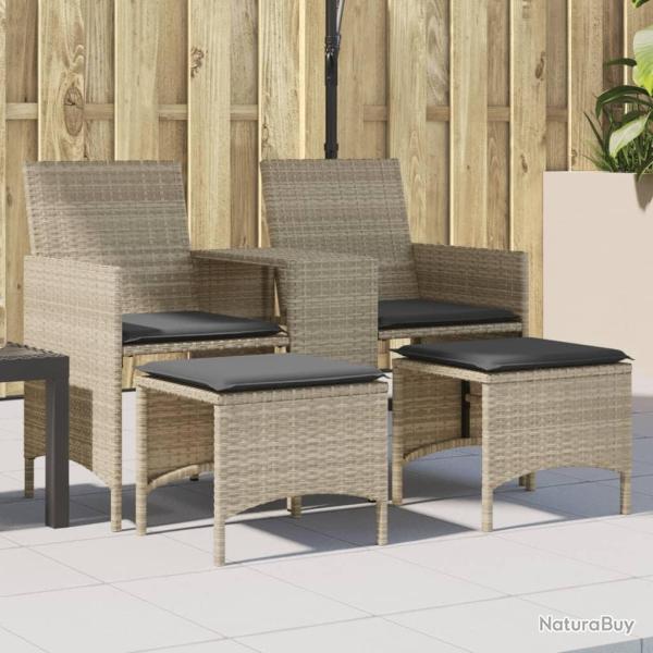 Canap� de jardin 2 places avec table tabourets gris clair rotin