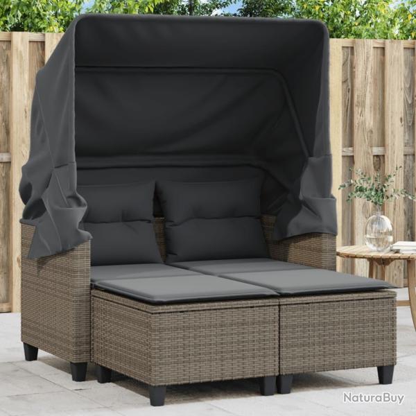 Canap� de jardin 2 places avec auvent et tabourets gris rotin