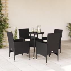 Ensemble &agrave; manger de jardin et coussins 5 pcs noir rotin verre