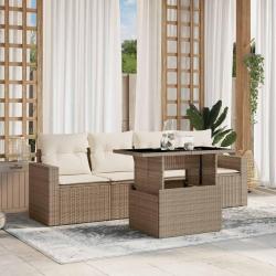 Salon de jardin avec coussins 5 pcs beige r&eacute;sine tress&eacute;e