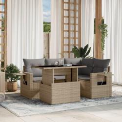 Salon de jardin avec coussins 5 pcs beige r&eacute;sine tress&eacute;e
