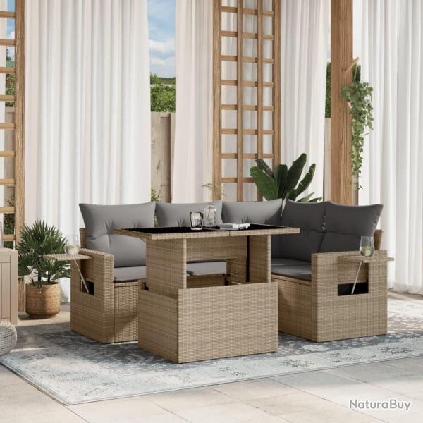 Salon de jardin avec coussins 5 pcs beige r�sine tress�e
