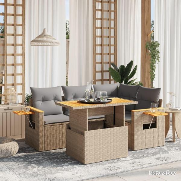 Salon de jardin avec coussins 5 pcs beige r�sine tress�e
