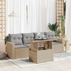 Salon de jardin avec coussins 5 pcs beige r&eacute;sine tress&eacute;e