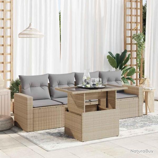 Salon de jardin avec coussins 5 pcs beige r�sine tress�e