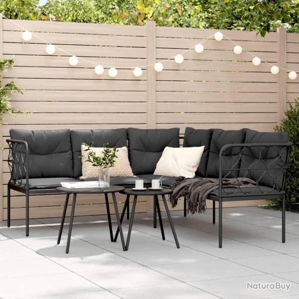 Canap� de jardin avec coussins forme de L noir acier textil�ne