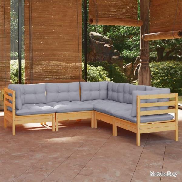 Salon de jardin 5 pcs avec coussins gris bois de pin massif