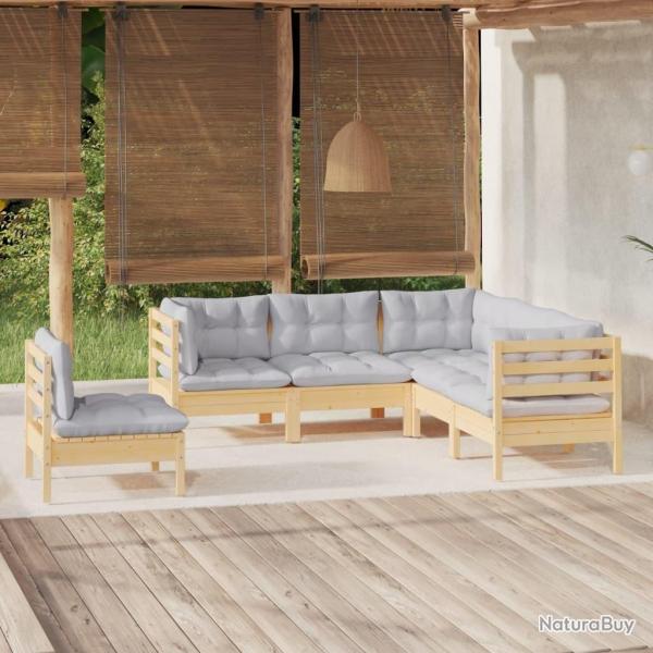 Salon de jardin 5 pcs avec coussins gris bois de pin