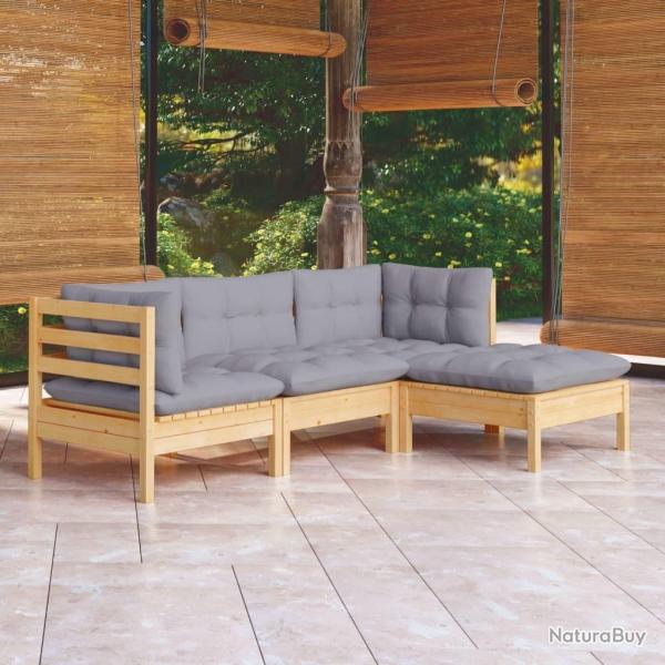 Salon de jardin 4 pcs avec coussins gris Bois de pin