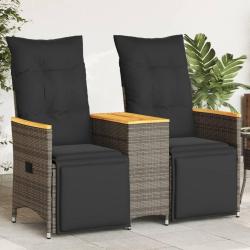 Canap&eacute; de jardin inclinable 2 places avec table gris poly rotin