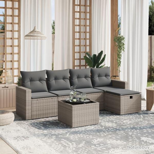 Salon de jardin 6 pcs avec coussins gris r�sine tress�e