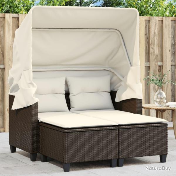 Canap� de jardin 2 places avec auvent et tabourets marron rotin