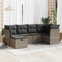 Salon de jardin 6 pcs avec coussins gris r&eacute;sine tress&eacute;e